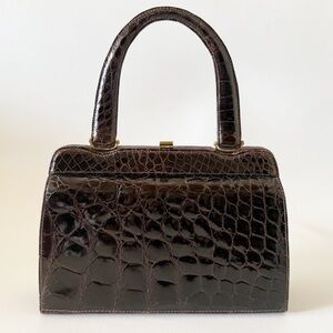 Vintage Bag Leather France Elegant Brown Crocodile Pattern Handbag Classic